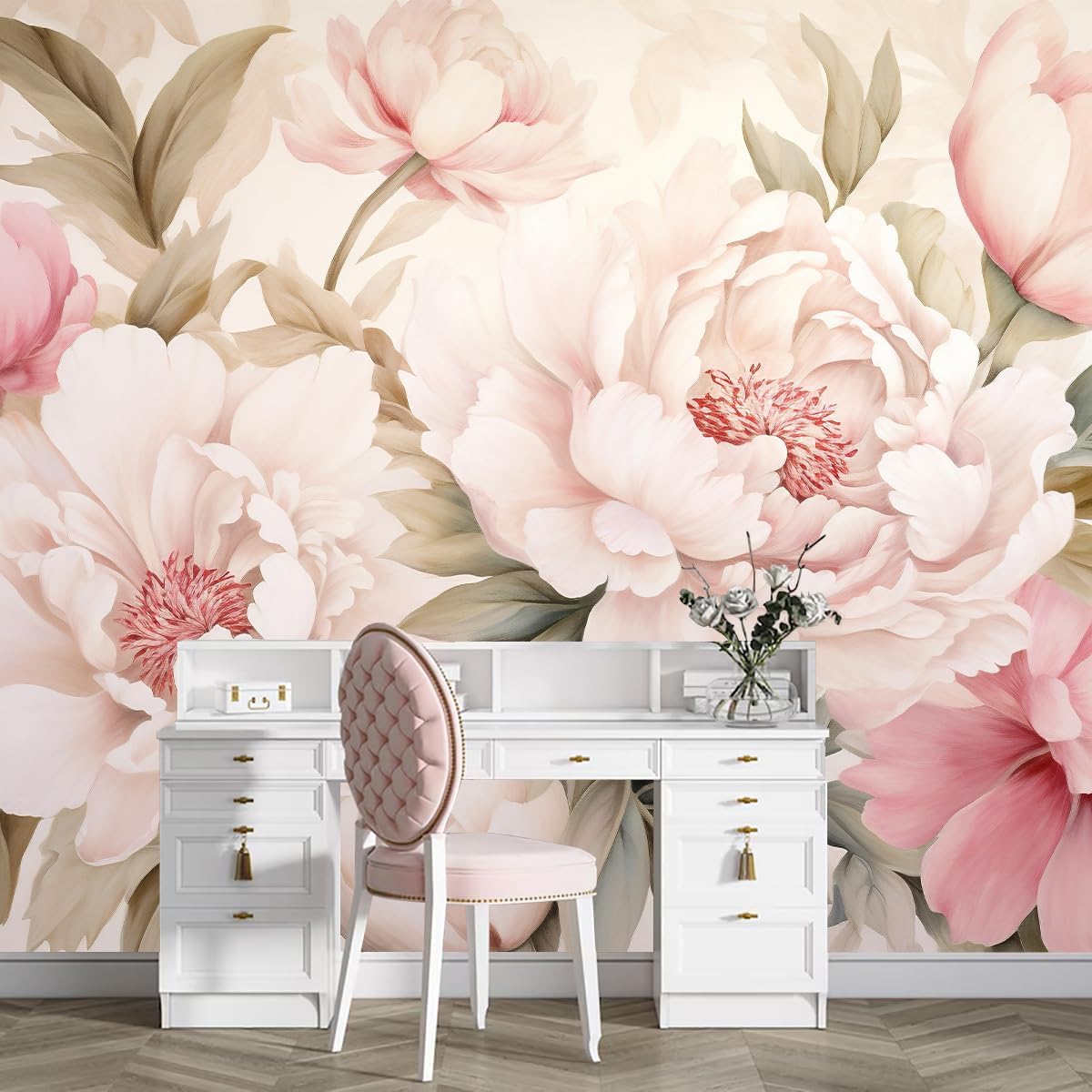 Beauty Makeup Desk - ورق جدران أنيق بتصميم زهور الفاوانيا
